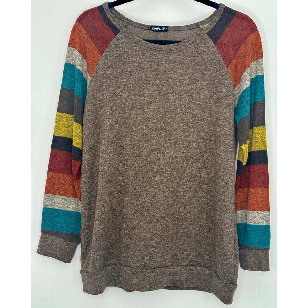 Heimish USA Striped Sleeve Henley Brown Lightweight Sweater Tunic Top M - Picture 5 of 9